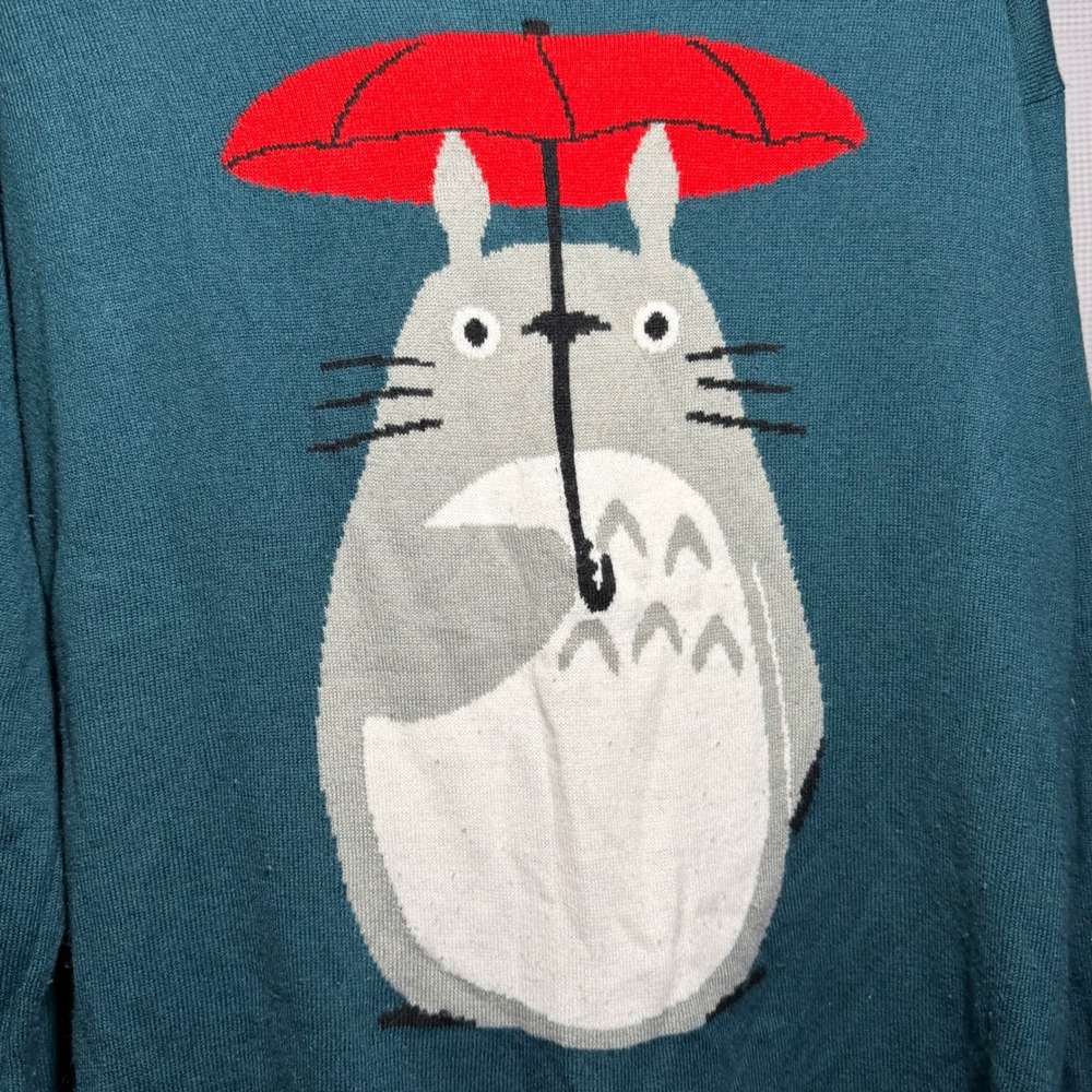 Her Universe Studio Ghibli Totoro Sweater Teal Acrylic Knit Umbrella Graphic L